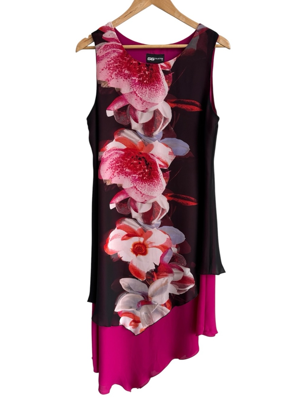 Artsy Floral Chiffon Cocktail Dress L/XL Semi-Sheer Overlay Asymmetrical Party